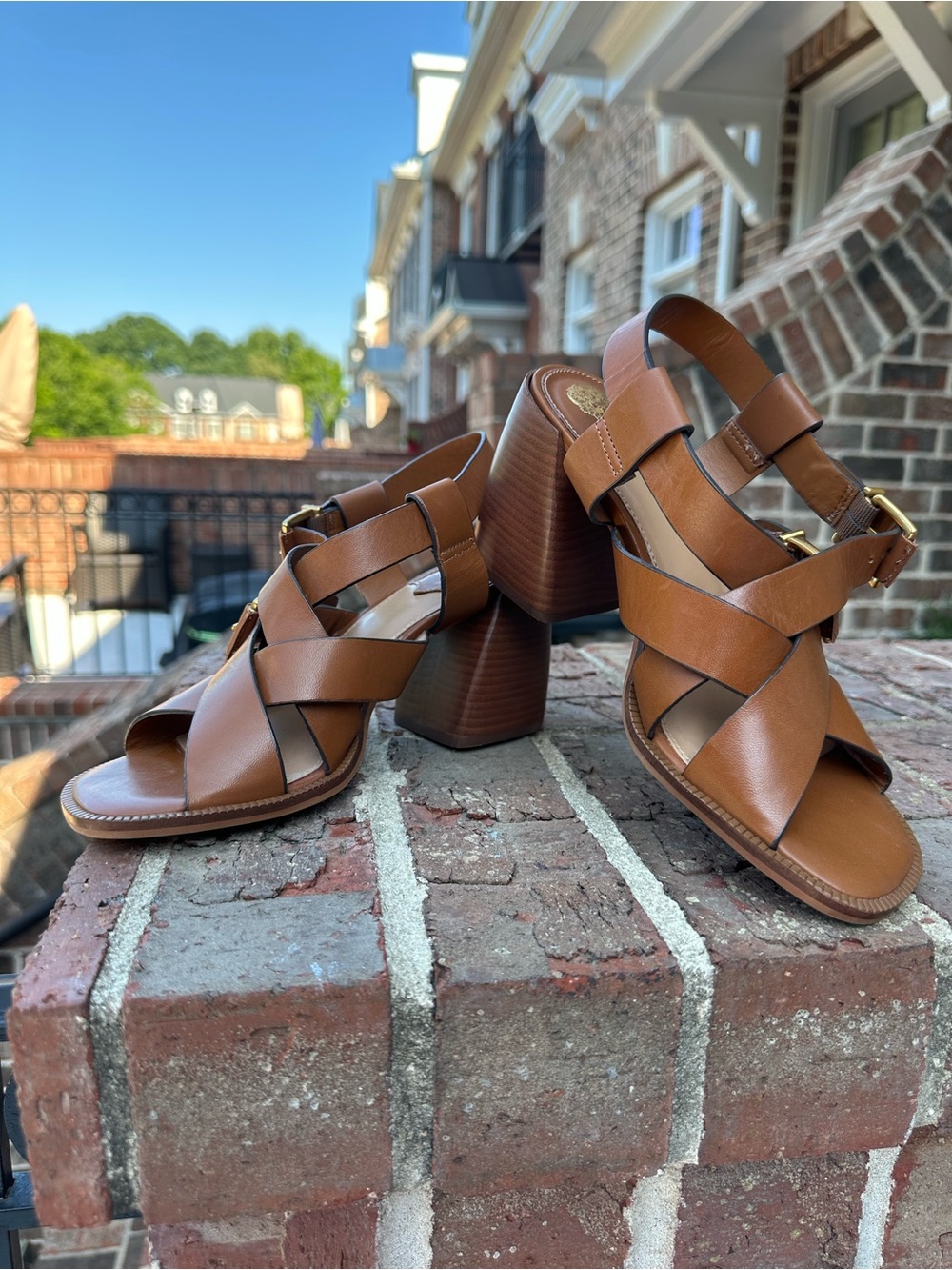 Vince Camuto Tan Brown Leather Crisscross Block Heel Sandals